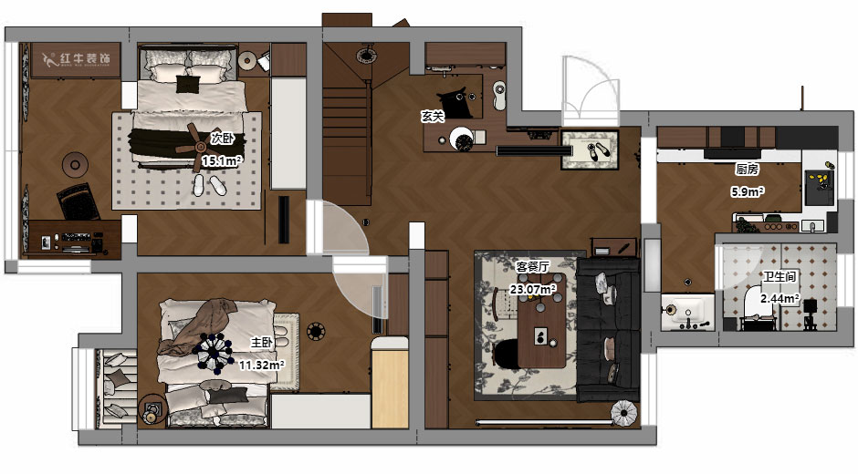 蒋琛｜奥体新城翠杉园15-507-(72+40)㎡-中古风｜复式｜2室1厅1卫+阁楼｜老房装修｜定制家｜全包12万｜00_03平面彩图